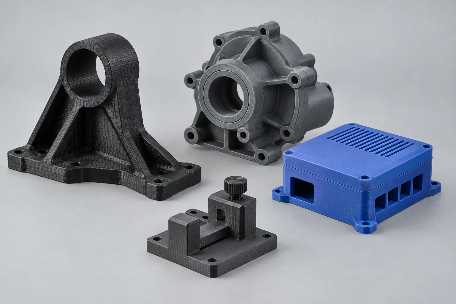 Functional polymer brackets, housings, and production fixtures